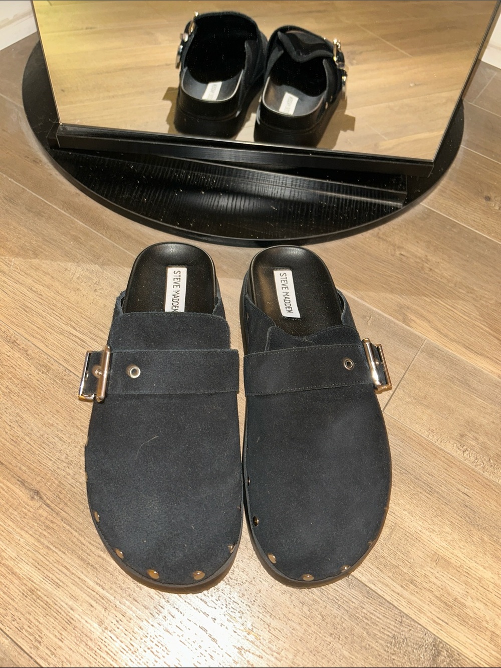Steve Madden Black Suede Cherrie Mule Clogs with Silver Buckle NWOT